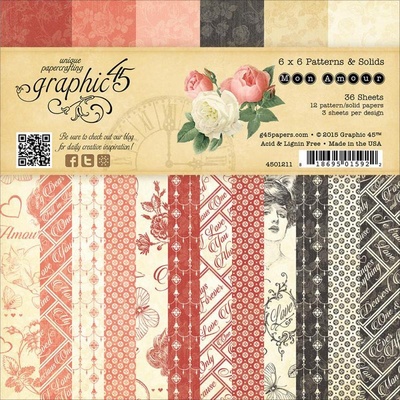 Набор скрапбумаги Graphic 45 - Mon Amour - Patterns & Solids Pad, 15х15 см, двусторонняя, 12 листов