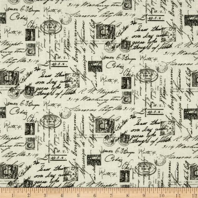 Ткань 100% хлопок - Письма и марки черные на кремовом, 45х55 см