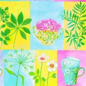Серветка для декупажу "Літні кольори", колір фону: жовтий\аквамарин\рожевий, розмір: 33x33 см