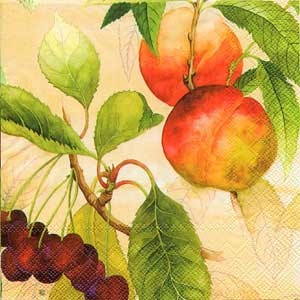 Серветка для декупажу "персики і вишні на гілках", колір фону: абрикосовий, розмір: 33x33 см