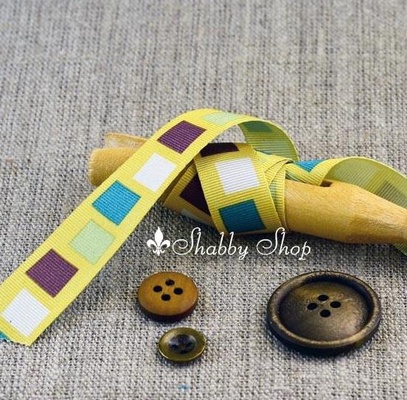 Стрічка American Crafts жовта в білі, салатові, фіолетові, бірюзові квадратики, ширина 15,7мм, 90 см