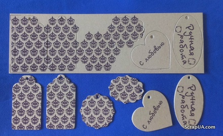 Набір тегів з щільного крафту-картону з принтом "Дамаск", товщина 1,3мм, 12 штук