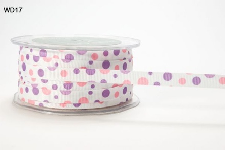 Стрічка Grosgrain/BUBBLE DOT, колір White/LAVENDER/Pink, ширина 9,5мм, довжина 90 см