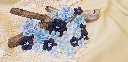 Набір квітів з тканини ручної роботи, колір: синьо-блакитний, розмір: 2,5см - 4,5см, 21 шт.