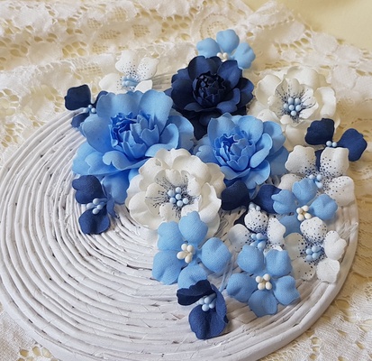 Набір квітів з тканини, блакитно-синій, 2,5 см - 5см (18 шт.)