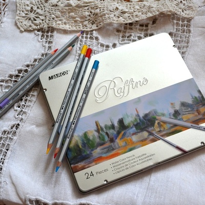 Карандаши акварельные, 24 цвета, шестигранные, в металлическом пенале, Marco Raffine