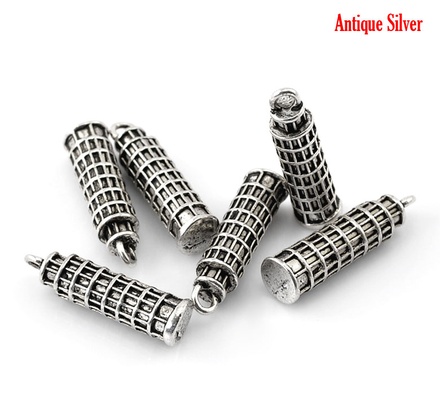 Металева прикраса/ підвіска "Пізанська башта", 26x7мм, античне срібло, 1 шт.