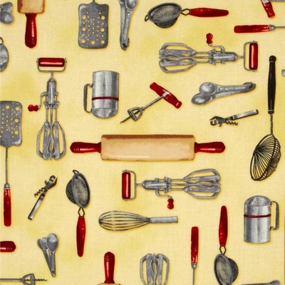 Ткань 100% хлопок - Кухонная утварь на желтом, 45х55 см
