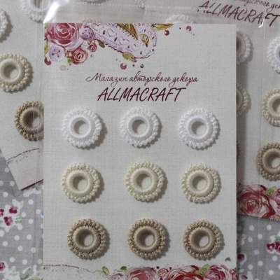 Декоративные вязаные колечки - в наборе от Allmacraft, белый, кремовый, бежевый, 9 шт.