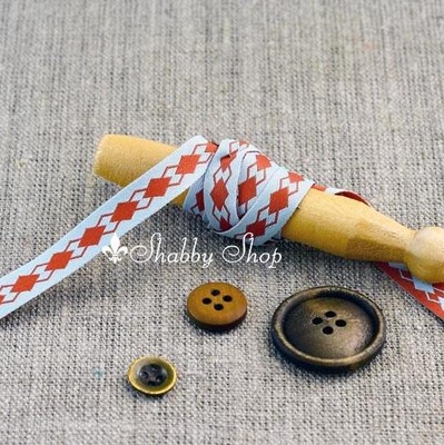 Стрічка American Crafts двосторонній у ромбики, синьо - цегляна, ширина 9,5мм, 90 см