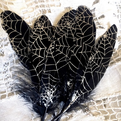 Перо черное с рисунком-паутиной, 1 штука