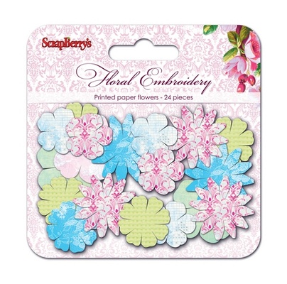 Набір принтованих паперових квіточок від ScrapBerryʼs - квіткова вишивка, 24 шт