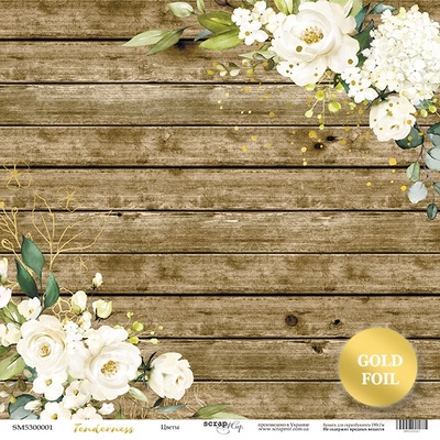 Аркуш одностороннього паперу з золотим тисненням від Scrapmir - Квіти - Tenderness, 30x30 см