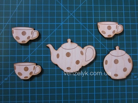 Деревʼяна прикраса від Вензелик - Чайний набір в горошок, фанера товщиною 0,4 см