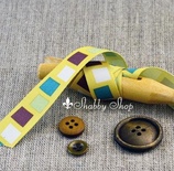 Стрічка American Crafts жовта в білі, салатові, фіолетові, бірюзові квадратики, ширина 15,7мм, 90 см