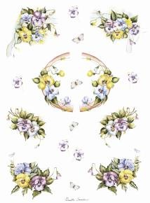 Бумага для декупажа рисовая "Анютины глазки и бабочки", 35x50см