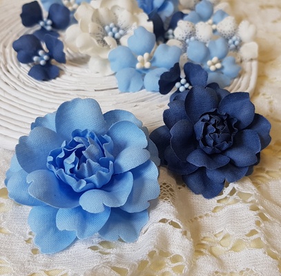 Набір квітів з тканини, блакитно-синій, 2,5 см - 5см (18 шт.)