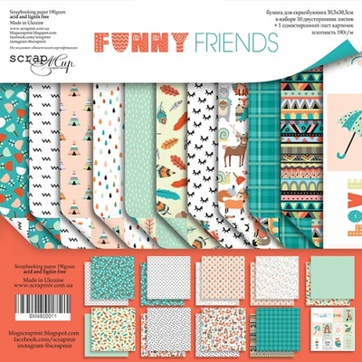 Набір двосторонніх аркушів Scrapmir - Funny Friends, 30x30 см, 11 шт.