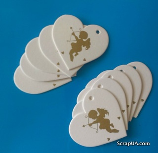 Набір білих тегів у формі сердечок з ангелом, 10 шт.: 65x60мм, колір золотого кольору