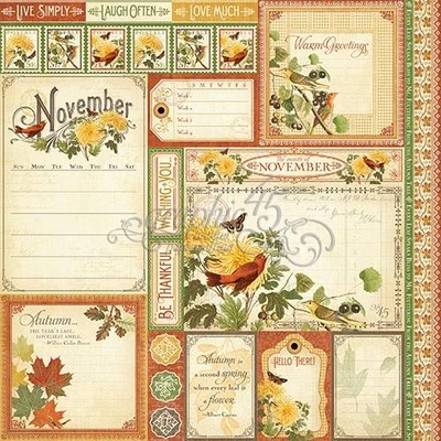 ЦЕНА СНИЖЕНА! Лист бумаги Graphic 45 - Time to Flourish - November Cut Apart, размер 30х30 см, двусторонняя