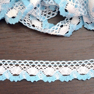 Мереживо бавовняне, в’язане, колір біло-блакитний, ширина 2.5см, довжина 90 см