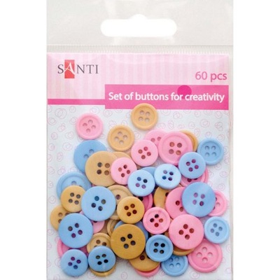 Набор пуговиц для творчества, 11мм и 14мм, 3 цв., 60шт./уп., розово-голубой, ТМ Santi