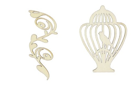 Лазерні вирубки з дерева від ScrapBerryʼs - Пташка в клітці, 5,5см і завиток, 6,5см(уп. 2 шт.).