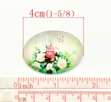 Скляний овальний кабашон 4смx3см з орнаментом "Квіти і листя", 1 бл.