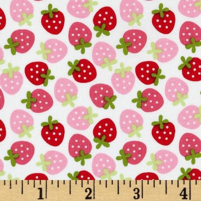 Тканина 100% бавовна - полунички червоного - рожеві на білому, 45x55см
