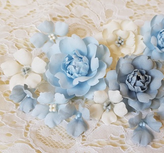 Набір квітів з тканини, блакитно-молочний, 2,5 см - 5см (18 шт.)