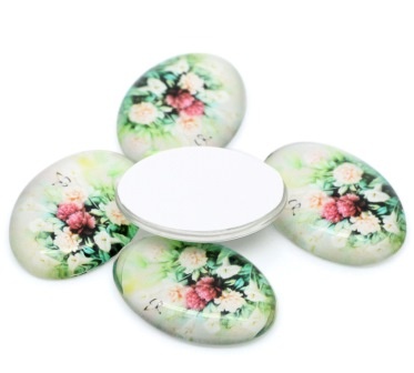 Скляний овальний кабашон 25ммx18мм з орнаментом "Квіти і листя", 1 бл.