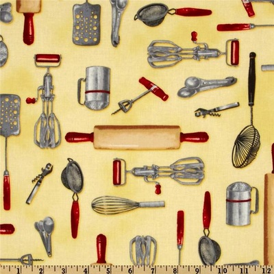 Ткань 100% хлопок - Кухонная утварь на желтом, 45х55 см