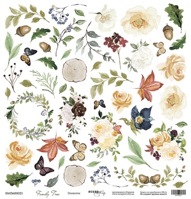Аркуш одностороннього паперу для вирізання від Scrapmir - елементи - Family Tree, 30x30cм