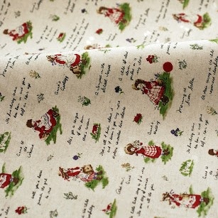 Льон дівчатка в червоних сукнях, розмір малюнків 5см - коричневі написи, 50x70см