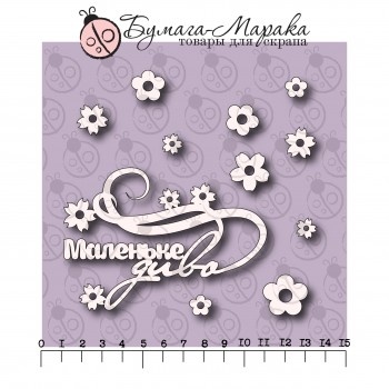 Білий чіпборд від Бумага Марака - напис "Маленьке диво", напис, 9х5см, квіточки 10 шт., розміри від 1 до 2см