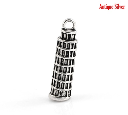 Металева прикраса/ підвіска "Пізанська башта", 26x7мм, античне срібло, 1 шт.