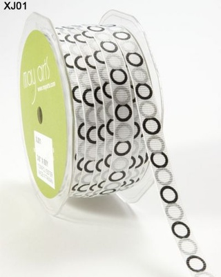 Стрічка Grosgrain / Circles, ширина 9,5мм, колір White/Black/SILVER, 90cм