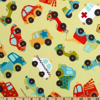 Тканина 100% бавовна, фланель - Яскраві машинки на зеленому фоні, 45x55см