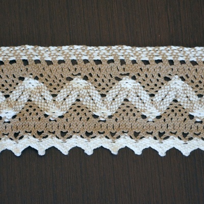 Мереживо бавовняне, в’язане, колір біло-бежевий (сірий), ширина 8.5см, довжина 90 см