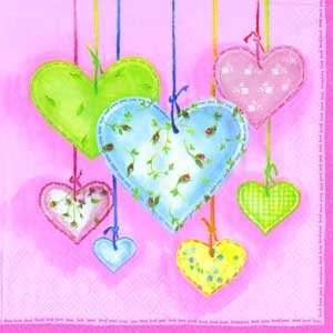 Серветка для декупажу "Тканинні сердечки", колір фону: рожевий світлий, розмір: 33x33 см