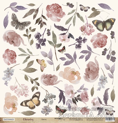 Аркуш одностороннього паперу для вирізання від Scrapmir – «Квіти» з колекції Charming (Чарівність), 30×30 см