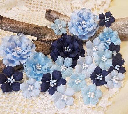 Набір квітів з тканини ручної роботи, колір: синьо-блакитний, розмір: 2,5см - 4,5см, 21 шт.
