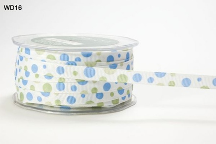 Стрічка Grosgrain/BUBBLE DOT, колір White/Light Blue/Olive, ширина 9,5мм, довжина 90 см