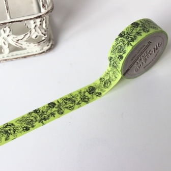 Паперовий скотч з принтом "Зелені троянди", ширина 15 мм, довжина 8 м