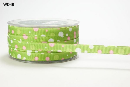 Стрічка Grosgrain/bubble dot, колір  Parrot Green/Pink/White, ширина 9,5мм, довжина 90 см
