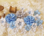 Набір квітів з тканини, блакитно-сірий, 18 шт., 1,5 см - 4,5 см