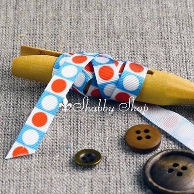 Стрічка American Crafts блакитна в червоний, білий горошок, ширина 9,5мм, 90 см