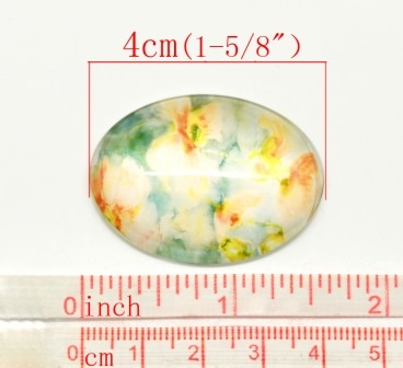 Скляний овальний кабашон 4смx3см з орнаментом "Квіти", 1 бл.