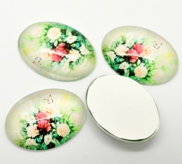 Скляний овальний кабашон 4смx3см з орнаментом "Квіти і листя", 1 бл.