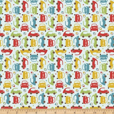 Тканина 100% бавовна, фланель - Легкові машинки на блакитному, 45x55см